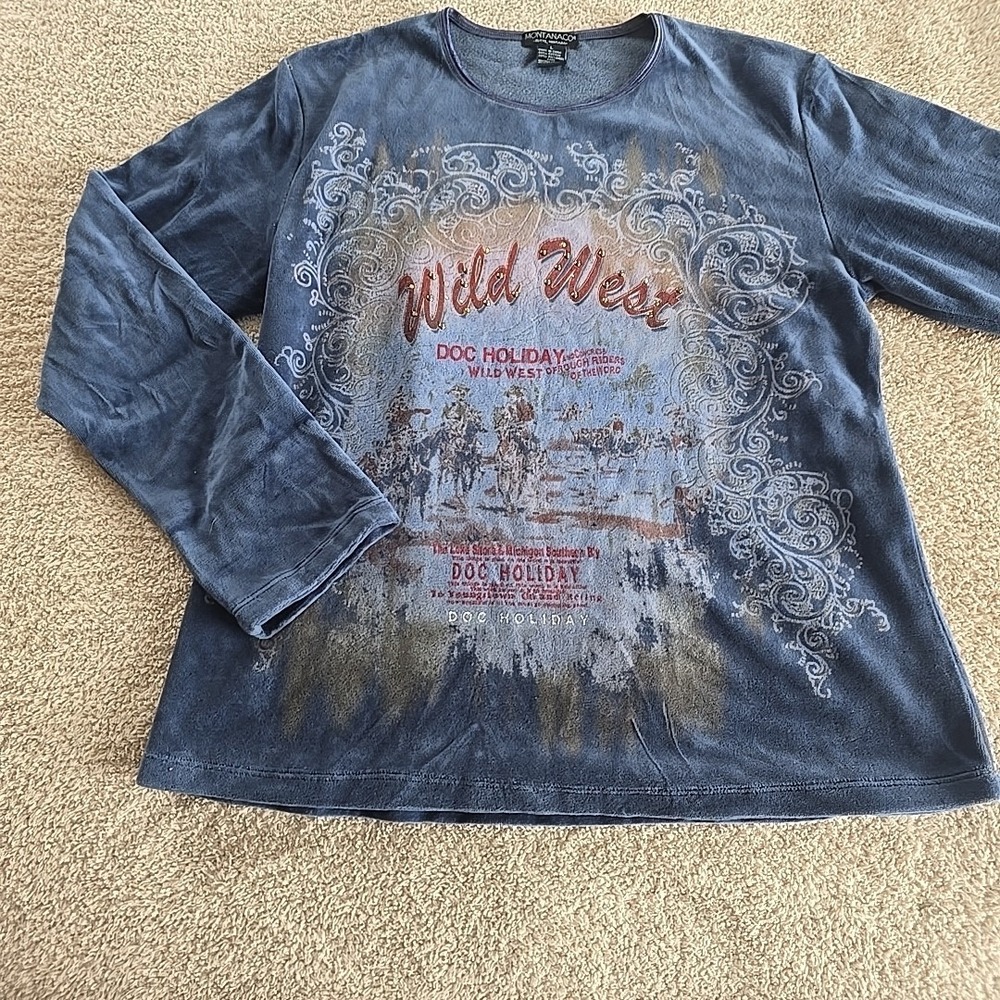 Montana Co Velour Long Sleeve Wild West Doc Holiday All-Over Design Sequin Sz‎ L